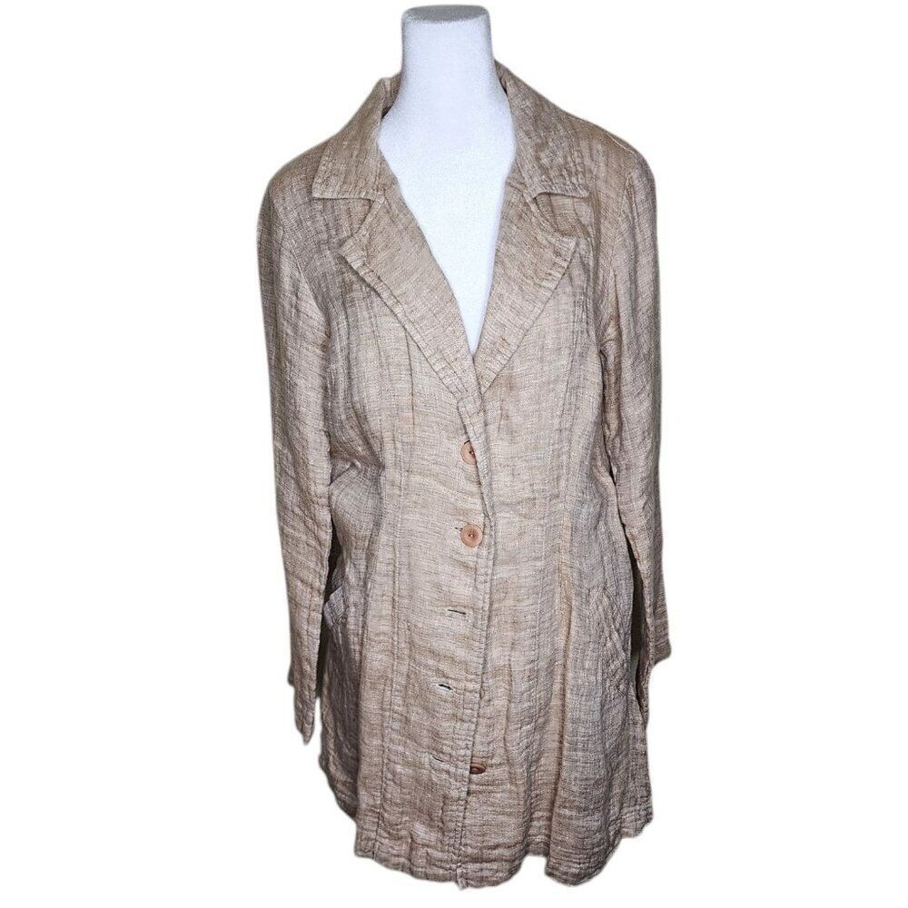 Flax Long Sleeve Linen Long Blazer Pockets Womens Size S Beige